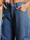 Women Blue Washed Box Pockets Straight Fit Jeans-SFJEAN0577