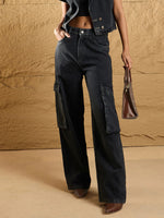 Women Black Washed Box Pockets Straight Fit Jeans-SFJEAN0578