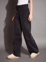 Women Black Wash Patch Pocket Straight Jeans-SFJEAN0581