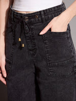 Women Black Wash Patch Pocket Straight Jeans-SFJEAN0581