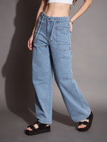 Women Blue Patched Pocket Straight Jeans-SFJEAN0582