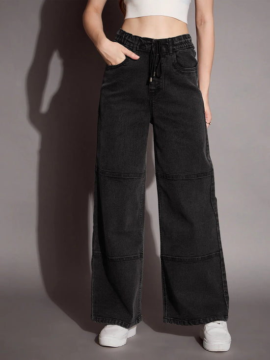 Women Black Wash Straight Fit Drawstring Jeans-SFJEAN0585