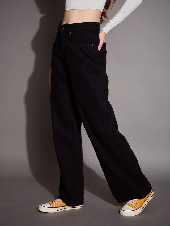 Women Black High Waist Wide Leg Jeans-SFJEAN0587