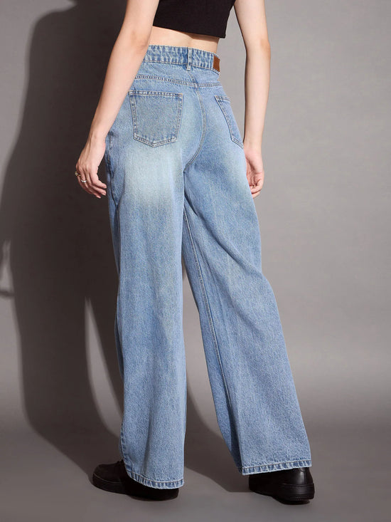 Women Blue High Waist Wide Leg Jeans-SFJEAN0588