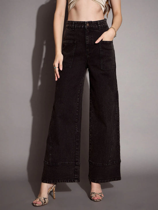 Women Black Wash Patch Pocket Wide Leg Jeans-SFJEAN0589