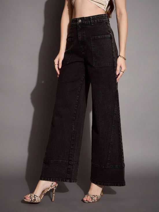 Women Black Wash Patch Pocket Wide Leg Jeans-SFJEAN0589