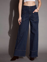 Women Blue Blast Patch Pocket Wide Leg Jeans-SFJEAN0590