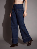 Women Blue Blast Patch Pocket Wide Leg Jeans-SFJEAN0590