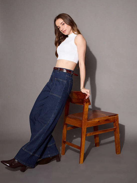 Women Blue Blast Patch Pocket Wide Leg Jeans-SFJEAN0590