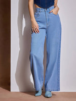 Women Ice Blue Heart Pockets Straight Jeans-SFJEAN0628