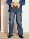 Women Blue Washed Denim Cargo Jeans-SFJEAN0640