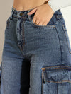 Women Blue Washed Denim Cargo Jeans-SFJEAN0640