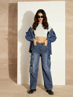 Women Blue Washed Denim Cargo Jeans-SFJEAN0640