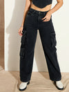 Women Black Washed Denim Cargo Jeans-SFJEAN0641