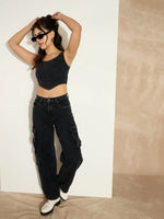 Women Black Washed Denim Cargo Jeans-SFJEAN0641