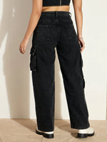 Women Black Washed Denim Cargo Jeans-SFJEAN0641