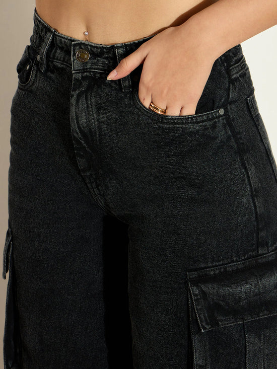 Women Black Washed Denim Cargo Jeans-SFJEAN0641