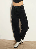 Women Black Washed Denim Cargo Jeans-SFJEAN0641