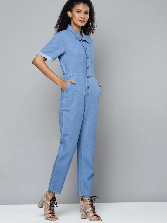 Women Solid Blue Jumpsuits & Sets