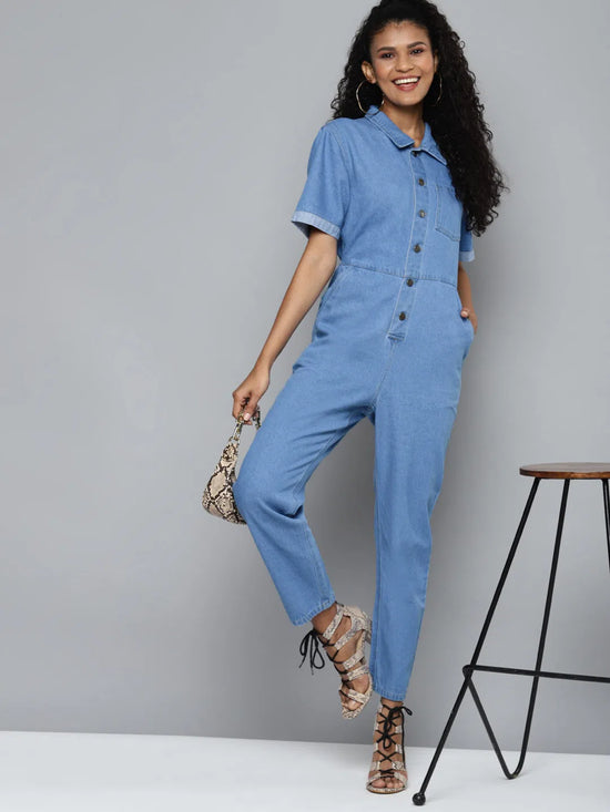 Women Solid Blue Jumpsuits & Sets