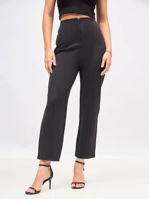 Women Dark Grey Front Darted High Waisted Pants