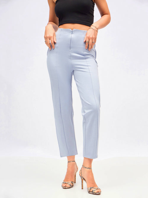 Women Dull Blue Front Darted High Waisted Pants