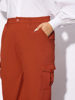 Women Rust Pleated Detail Straight Pants