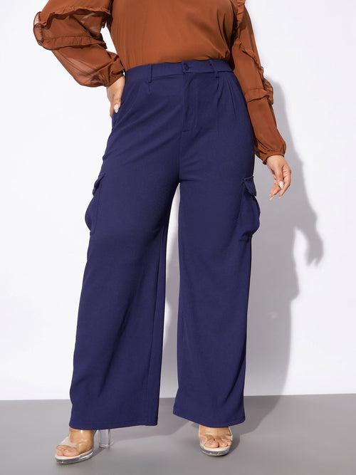 Women Navy Pleated Detail Straight Pants
