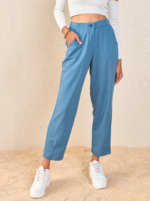 Women Airforce Blue Back Flap Pocket Tapered Pants