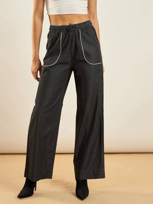 Women Black Tencel Contrast Piping Detail Pants