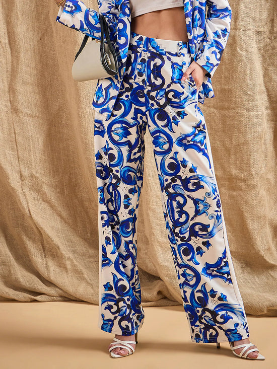 Women Blue Printed Straight Fit Pants-SFPANT50842