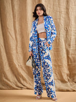 Women Blue Printed Straight Fit Pants-SFPANT50842