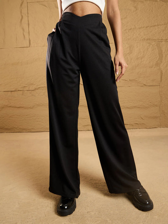 Women Black Front Pleated Comfort Fit Korean Pants-SFPANT50860