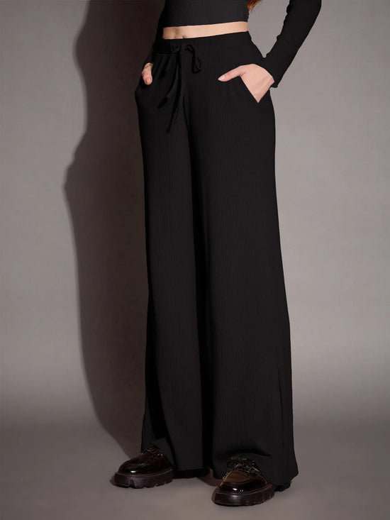 Women Black Rib Drawstring Pants-SFPANT50883