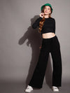 Women Black Rib Drawstring Pants-SFPANT50883