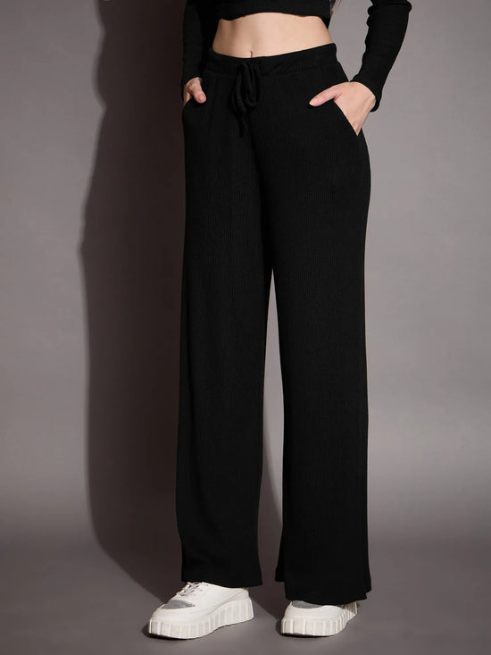 Women Black Rib Drawstring Pants-SFPANT50883