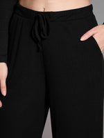 Women Black Rib Drawstring Pants-SFPANT50883