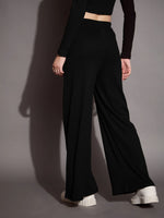 Women Black Rib Drawstring Pants-SFPANT50883