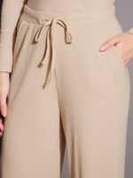 Women Beige Rib Drawstring Pants-SFPANT50884