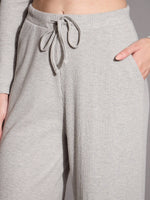 Women Grey Melange Rib Drawstring Pants-SFPANT50885