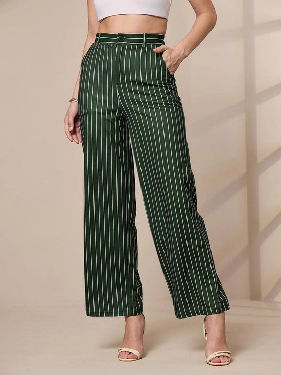 Women Green Striped Straight Wide Leg Trousers-SFPANT50903