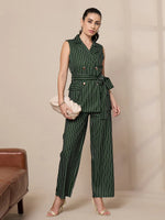 Women Green Striped Straight Wide Leg Trousers-SFPANT50903