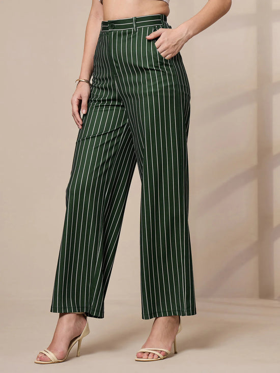 Women Green Striped Straight Wide Leg Trousers-SFPANT50903