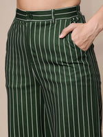 Women Green Striped Straight Wide Leg Trousers-SFPANT50903