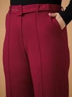 Women Maroon Belt Detail Straight Pants-SFPANT50939