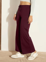 Women Burgundy Terry Wide Leg Drawstring Pants-SFPANT50955