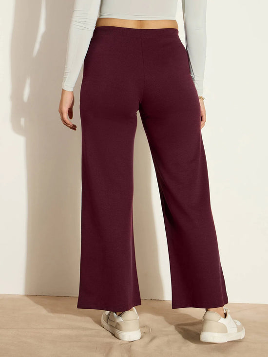 Women Burgundy Terry Wide Leg Drawstring Pants-SFPANT50955