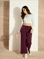 Women Burgundy Terry Wide Leg Drawstring Pants-SFPANT50955