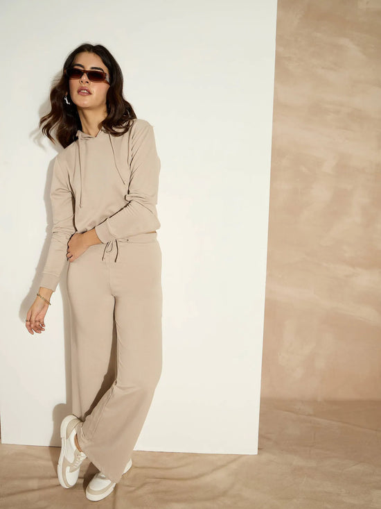 Women Taupe Terry Wide Leg Drawstring Pants-SFPANT50956