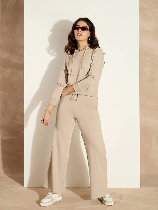 Women Taupe Terry Wide Leg Drawstring Pants-SFPANT50956